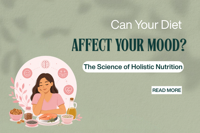Illustration-style blog banner with a soft sage green background featuring the text “Can Your Diet Affect Your Mood? The Science of Holistic Nutrition.” On the left side, a woman sits peacefully surrounded by healthy foods like salmon, seeds, walnuts, and olive oil with wellness and mood icons around her, representing the connection between nutrition and emotional well-being.